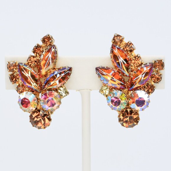 Vintage Juliana Style Clip On Earrings Topaz Navettes, AB Rhinestones 1960s - Picture 1 of 4